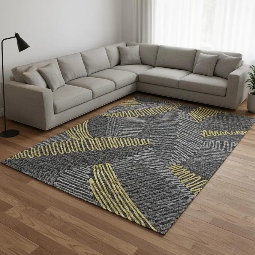 Gray Gold And Black Botanical Leaves Washable Area Rug With UV Protection Photo 1