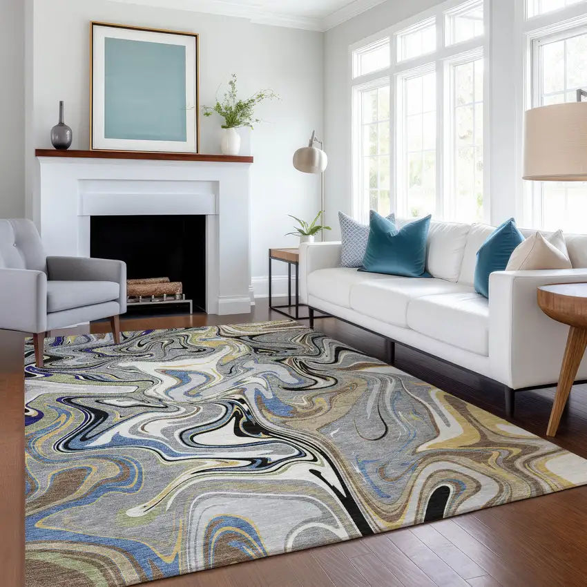 Gray Gold And Blue Abstract Washable Indoor Outdoor Area Rug Photo 6