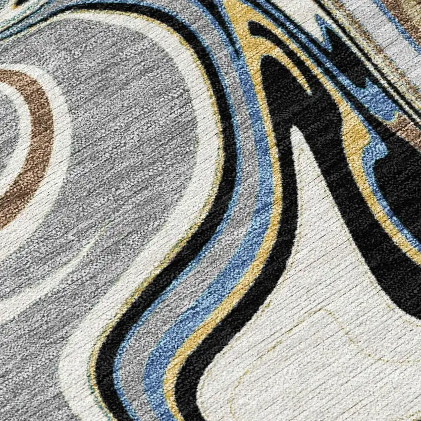 Gray Gold And Blue Abstract Washable Indoor Outdoor Area Rug Photo 2