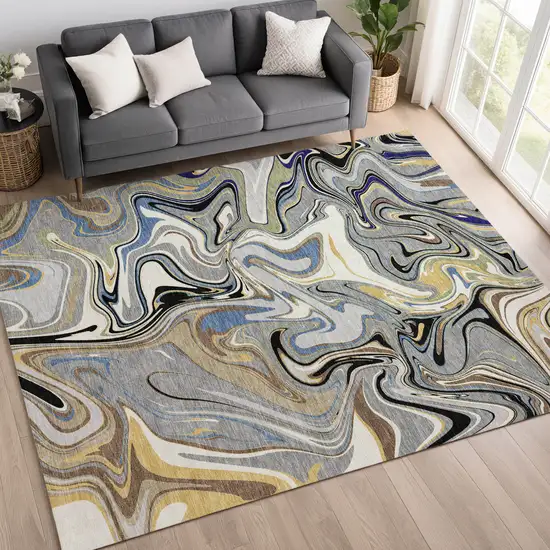 Gray Gold And Blue Abstract Washable Indoor Outdoor Area Rug Photo 5