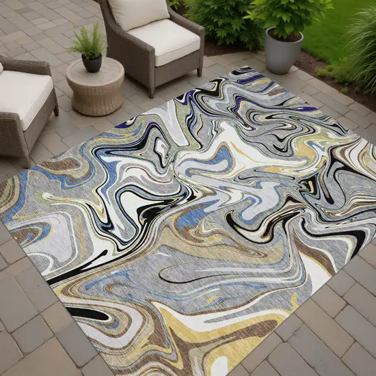 Gray Gold And Blue Abstract Washable Indoor Outdoor Area Rug Photo 7