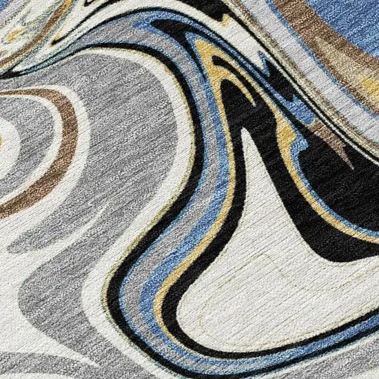 Gray Gold And Blue Abstract Washable Indoor Outdoor Area Rug Photo 3