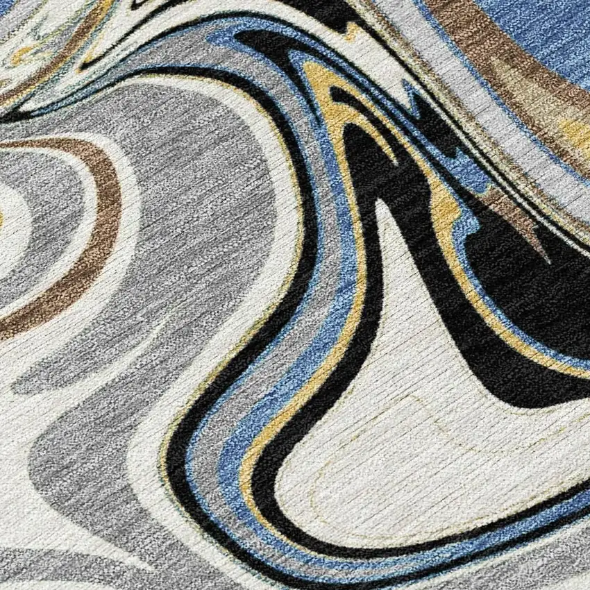 Gray Gold And Blue Abstract Washable Indoor Outdoor Area Rug Photo 3