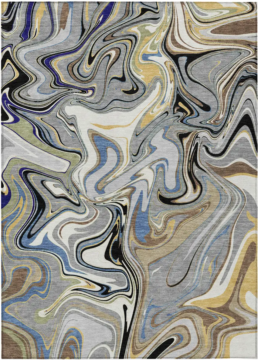 Gray Gold And Blue Abstract Washable Indoor Outdoor Area Rug Photo 9