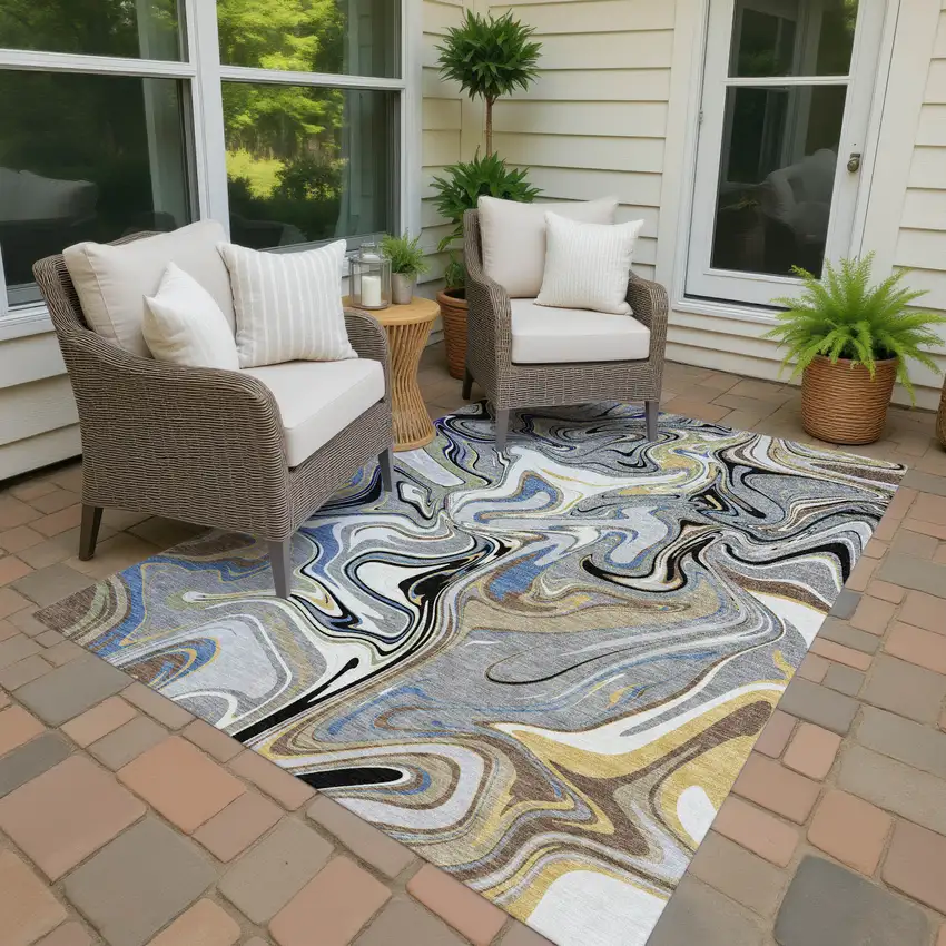 Gray Gold And Blue Abstract Washable Indoor Outdoor Area Rug Photo 4