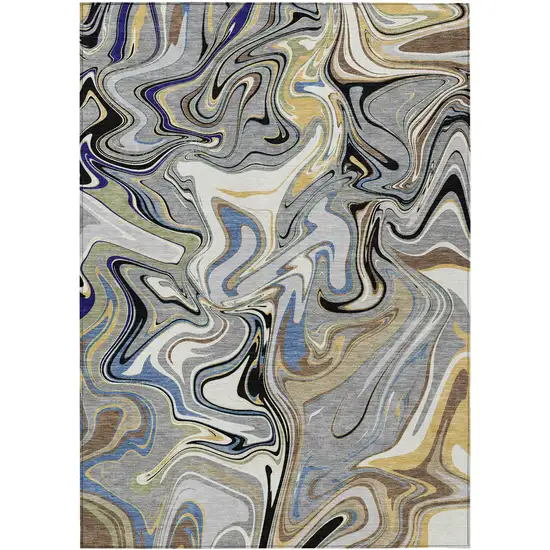 Gray Gold And Blue Abstract Washable Indoor Outdoor Area Rug Photo 9