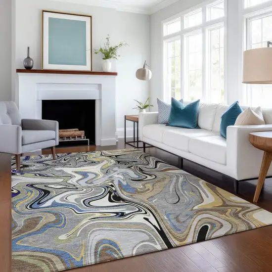 Gray Gold And Blue Abstract Washable Indoor Outdoor Area Rug Photo 6