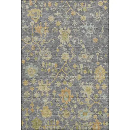 Gray Gold And Blue Floral Washable Area Rug With UV Protection Photo 1