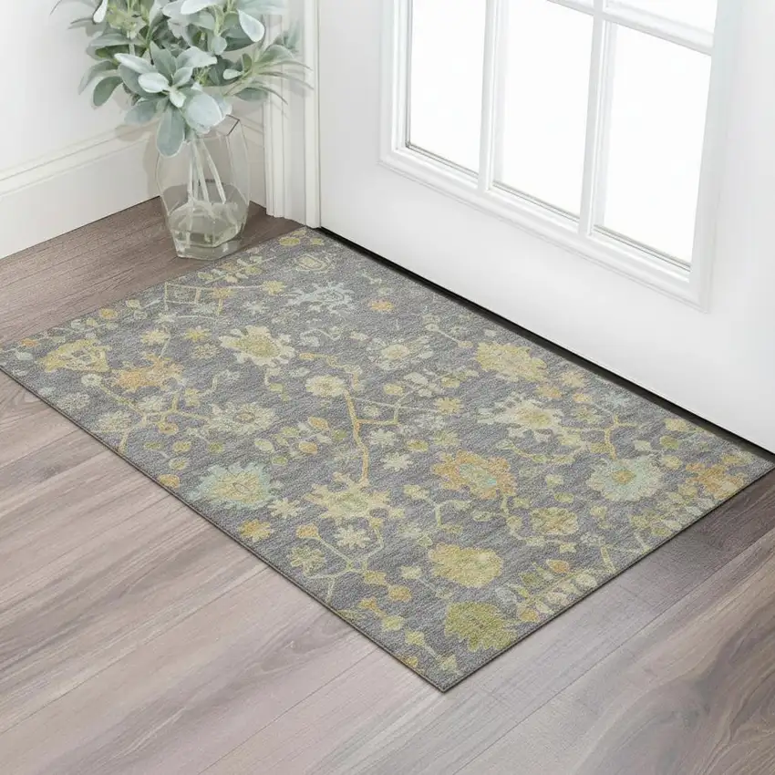 Gray Gold And Blue Floral Washable Area Rug With UV Protection Photo 2