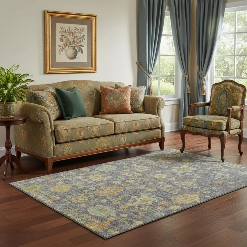 Gray Gold And Blue Floral Washable Area Rug With UV Protection Photo 2
