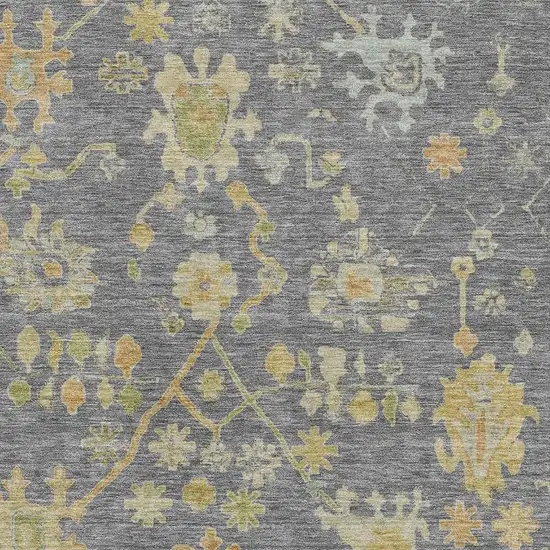 Gray Gold And Blue Floral Washable Area Rug With UV Protection Photo 3