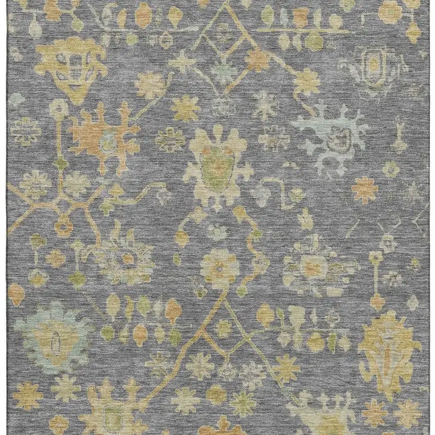Gray Gold And Blue Floral Washable Area Rug With UV Protection Photo 4