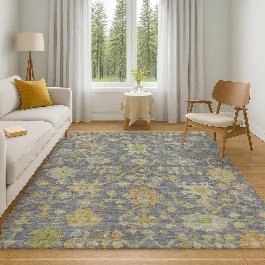 Gray Gold And Blue Floral Washable Area Rug With UV Protection Photo 5