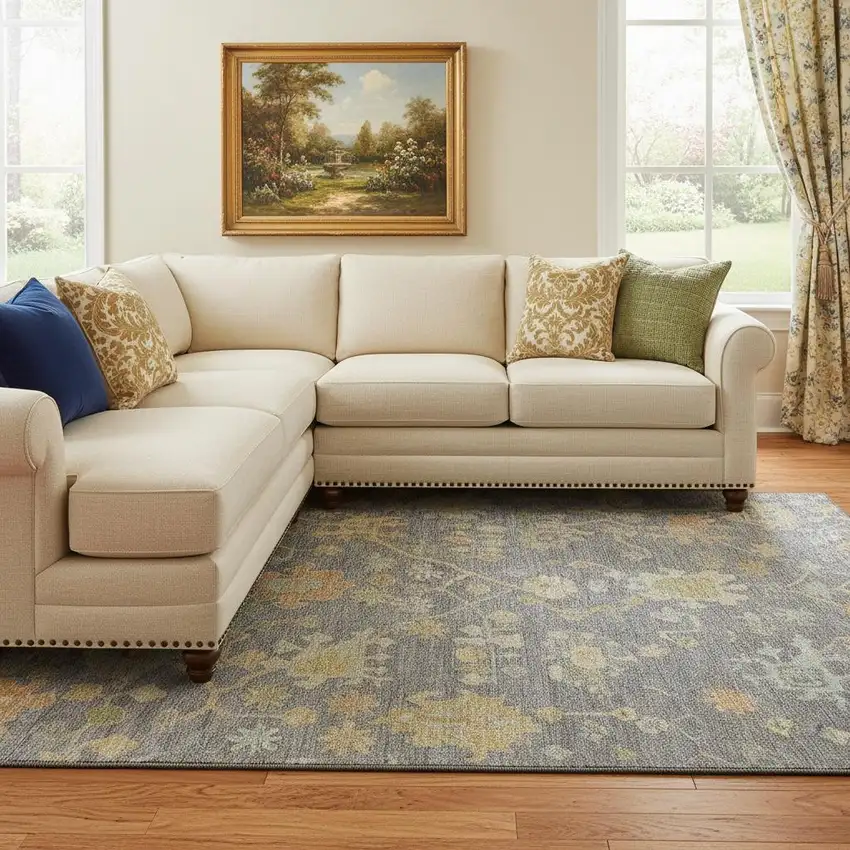 Gray Gold And Blue Floral Washable Area Rug With UV Protection Photo 2