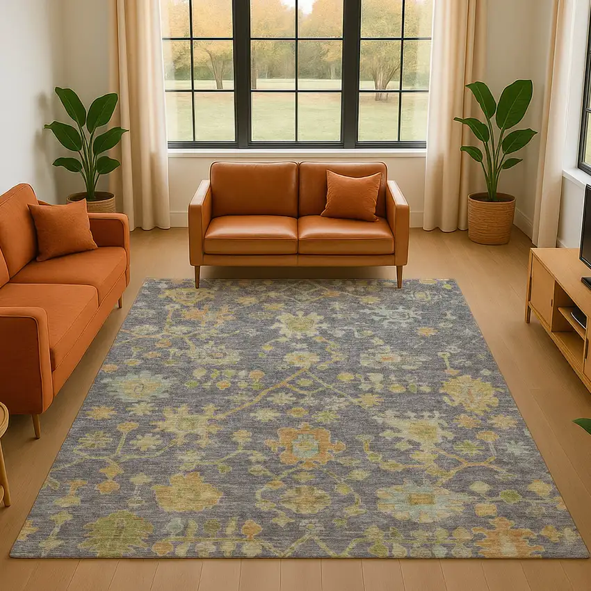 Gray Gold And Blue Floral Washable Area Rug With UV Protection Photo 4