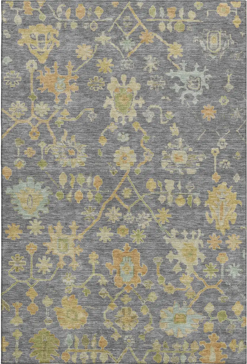 Gray Gold And Blue Floral Washable Area Rug With UV Protection Photo 1