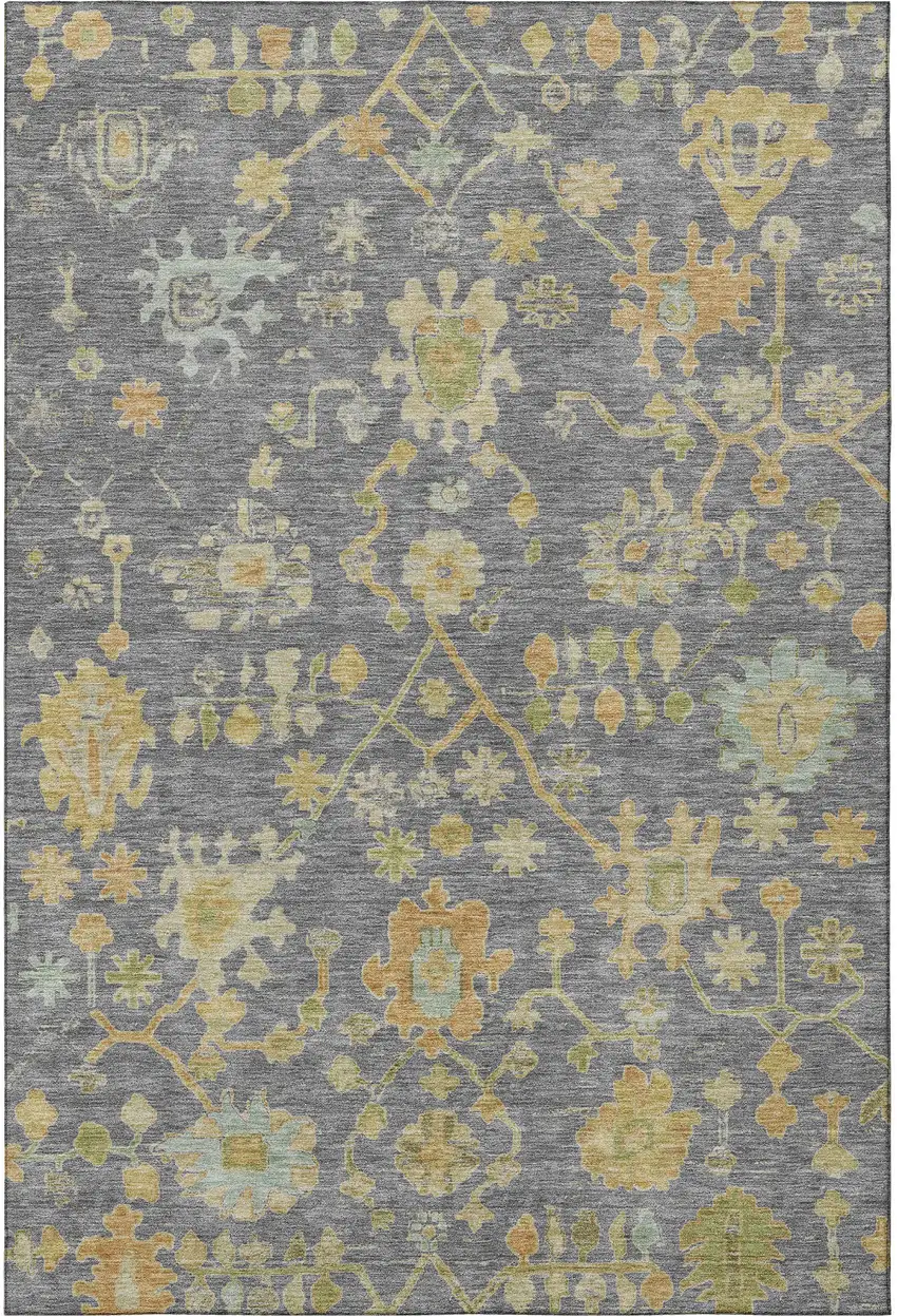 Gray Gold And Blue Floral Washable Area Rug With UV Protection Photo 3