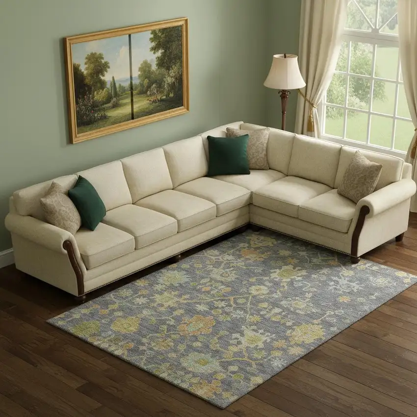 Gray Gold And Blue Floral Washable Area Rug With UV Protection Photo 2