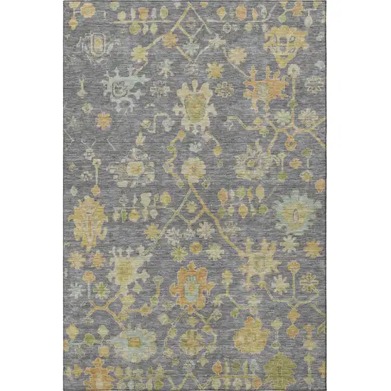 Gray Gold And Blue Floral Washable Area Rug With UV Protection Photo 4