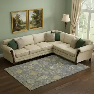 Photo of Gray Gold And Blue Floral Washable Area Rug With UV Protection