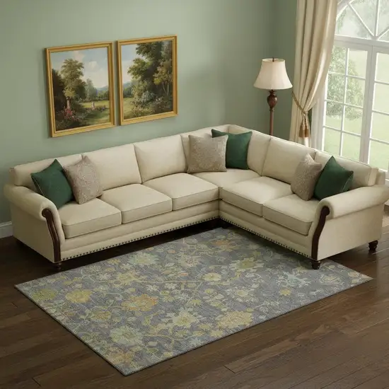 Gray Gold And Blue Floral Washable Area Rug With UV Protection Photo 2