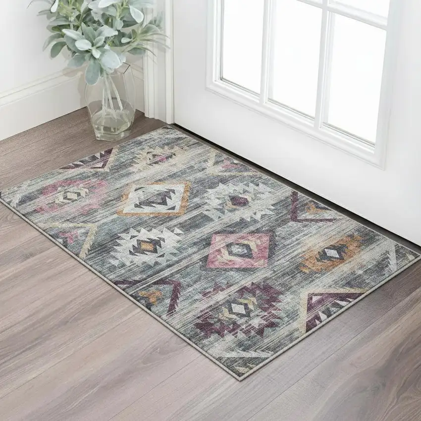 Gray Gold And Blush Southwestern Washable Area Rug With UV Protection Photo 2
