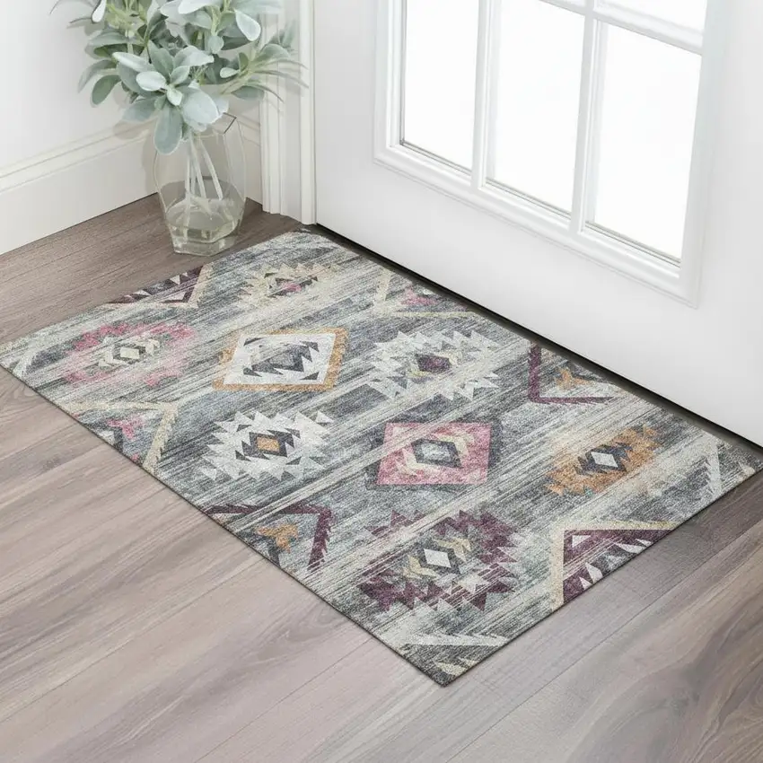 Gray Gold And Blush Southwestern Washable Area Rug With UV Protection Photo 1