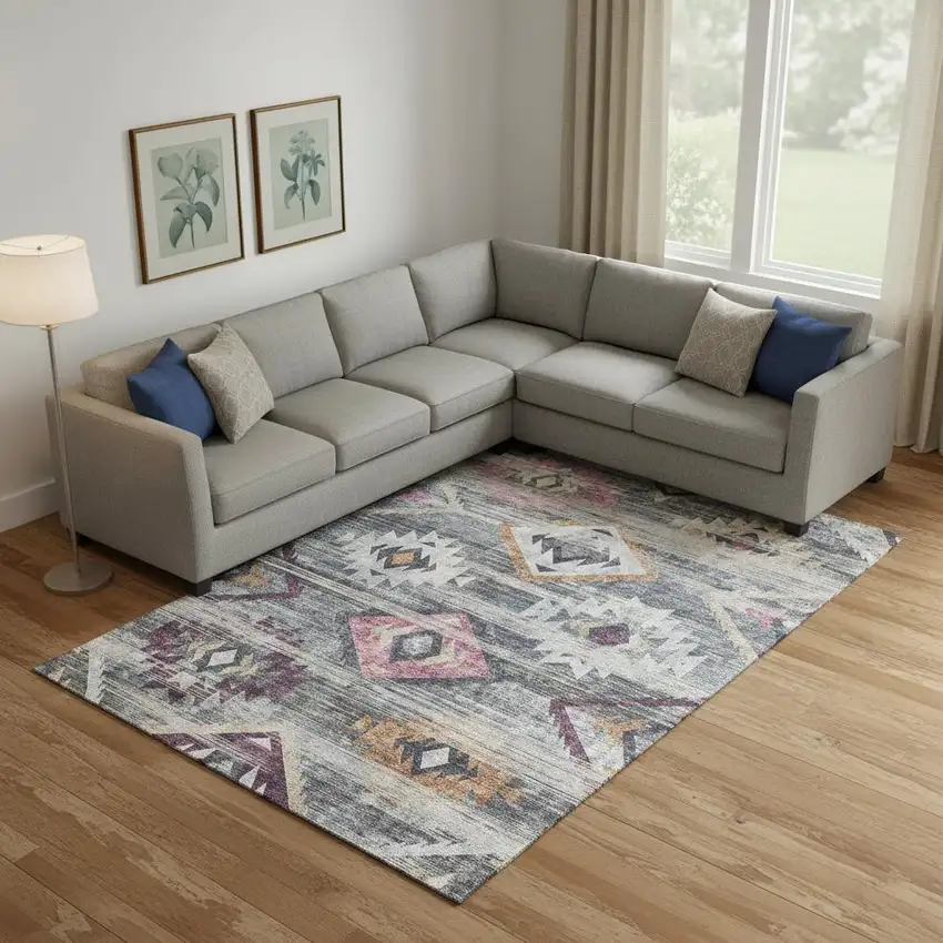 Gray Gold And Blush Southwestern Washable Area Rug With UV Protection Photo 1