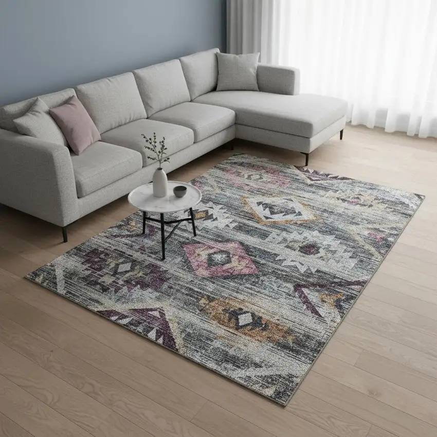 Gray Gold And Blush Southwestern Washable Area Rug With UV Protection Photo 2