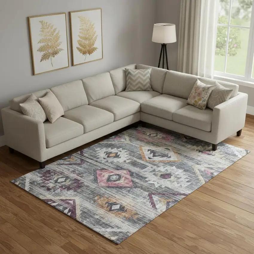 Gray Gold And Blush Southwestern Washable Area Rug With UV Protection Photo 1