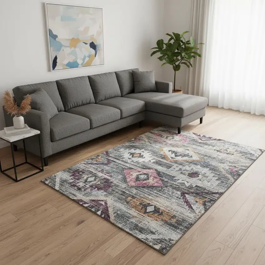 Gray Gold And Blush Southwestern Washable Area Rug With UV Protection Photo 2