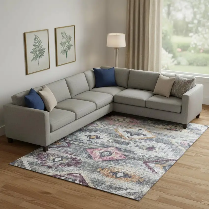 Gray Gold And Blush Southwestern Washable Area Rug With UV Protection Photo 1