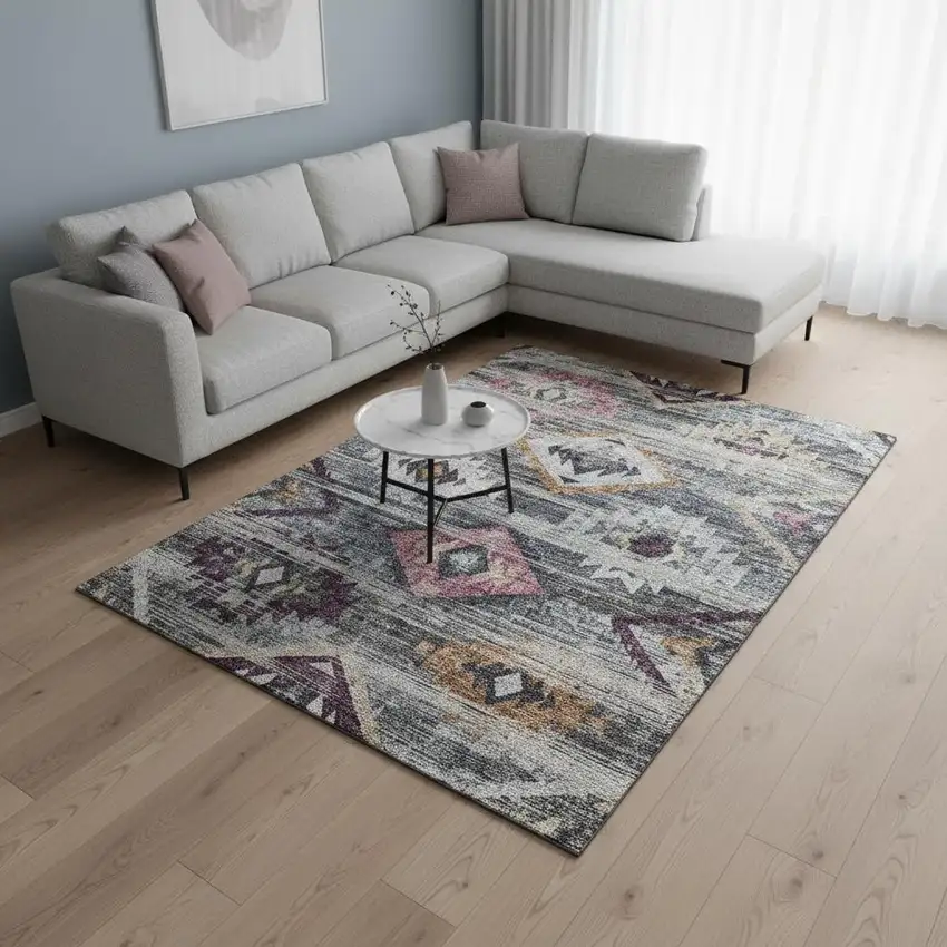 Gray Gold And Blush Southwestern Washable Area Rug With UV Protection Photo 2