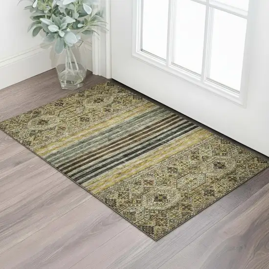 Gray Gold And Brown Striped Washable Area Rug With UV Protection Photo 2