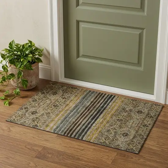 Gray Gold And Brown Striped Washable Area Rug With UV Protection Photo 1