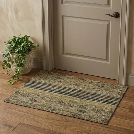 Gray Gold And Brown Striped Washable Area Rug With UV Protection Photo 1