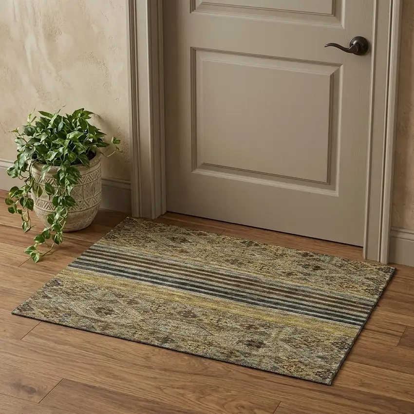 Gray Gold And Brown Striped Washable Area Rug With UV Protection Photo 1