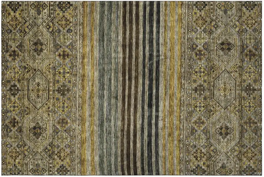 Gray Gold And Brown Striped Washable Area Rug With UV Protection Photo 2