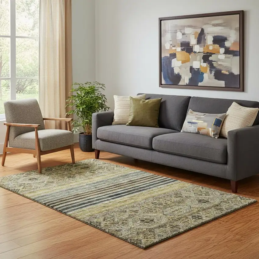 Gray Gold And Brown Striped Washable Area Rug With UV Protection Photo 2