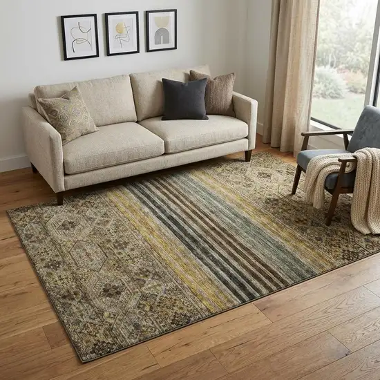 Gray Gold And Brown Striped Washable Area Rug With UV Protection Photo 1