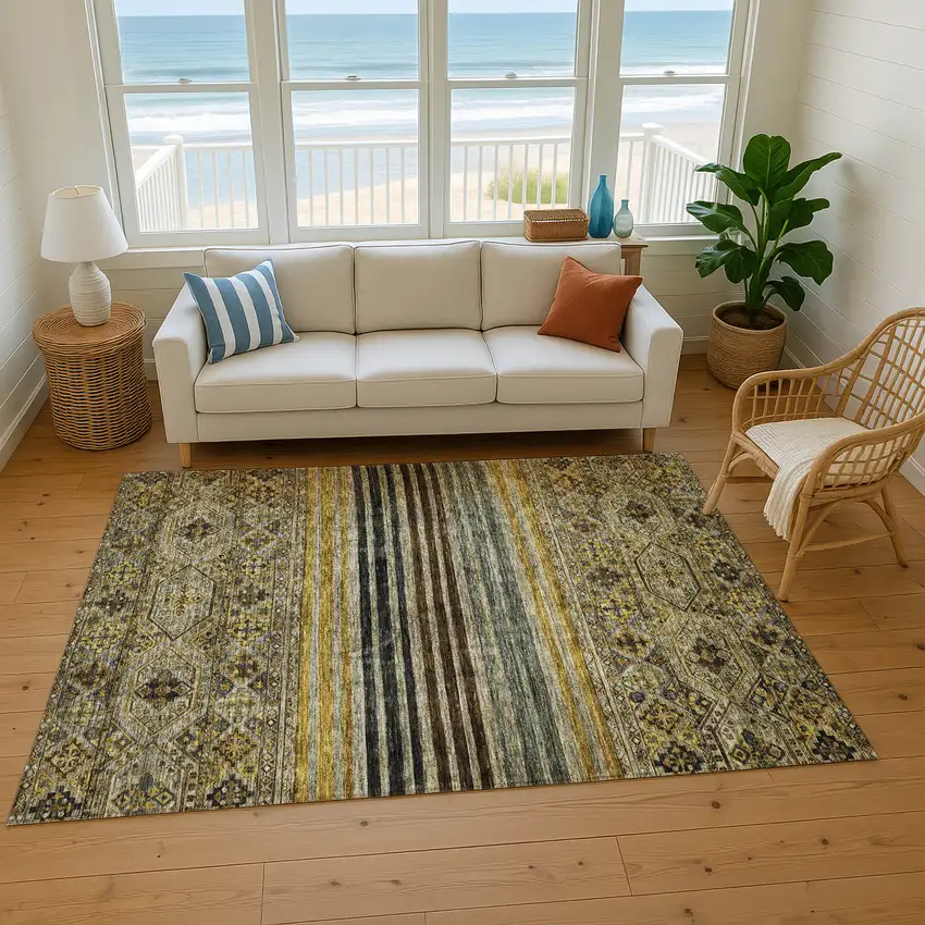 Gray Gold And Brown Striped Washable Area Rug With UV Protection Photo 5