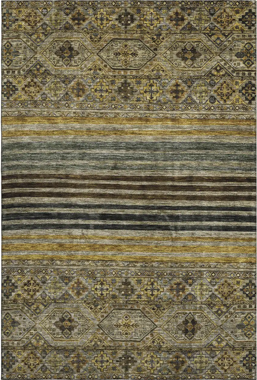 Gray Gold And Brown Striped Washable Area Rug With UV Protection Photo 1