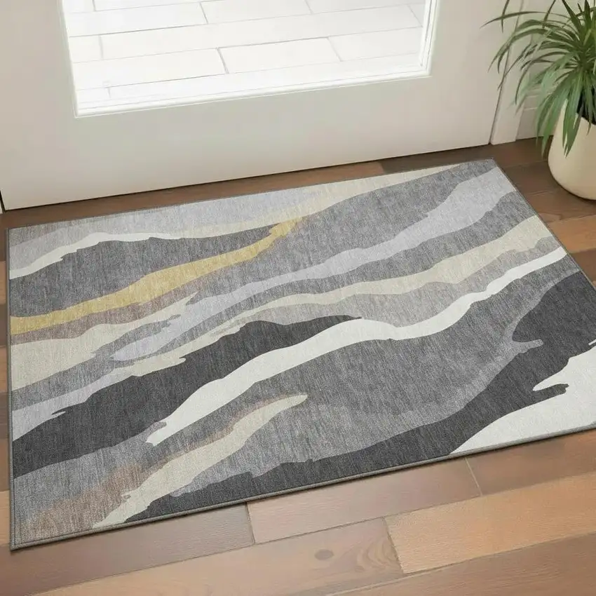 Gray Gold And Charcoal Abstract Washable Area Rug With UV Protection Photo 2