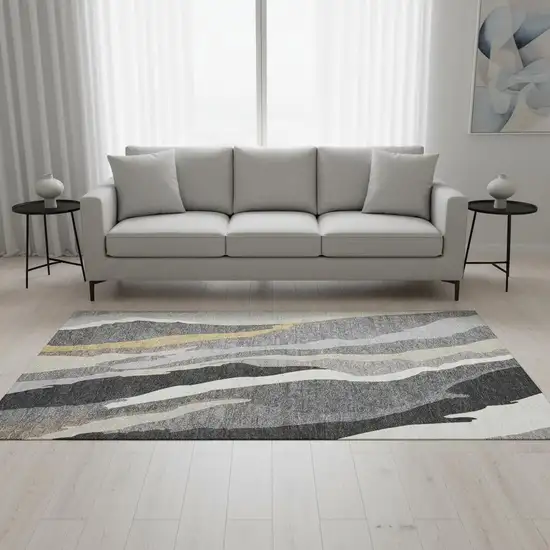 Gray Gold And Charcoal Abstract Washable Area Rug With UV Protection Photo 2