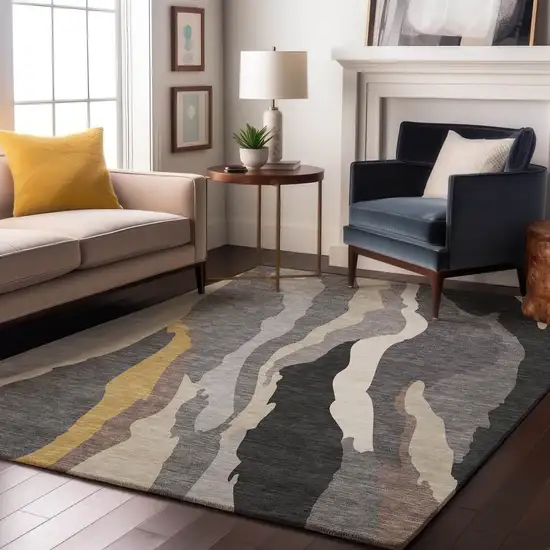 Gray Gold And Charcoal Abstract Washable Area Rug With UV Protection Photo 4