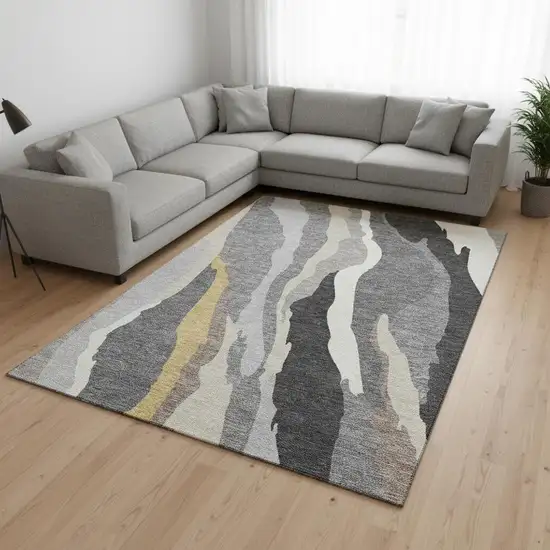 Gray Gold And Charcoal Abstract Washable Area Rug With UV Protection Photo 2