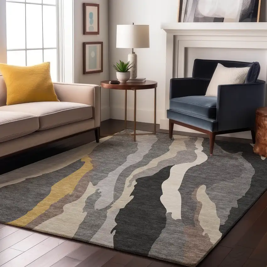 Gray Gold And Charcoal Abstract Washable Area Rug With UV Protection Photo 4