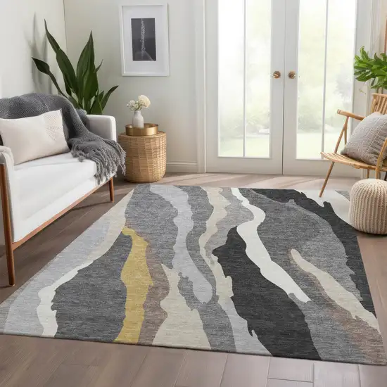 Gray Gold And Charcoal Abstract Washable Area Rug With UV Protection Photo 5