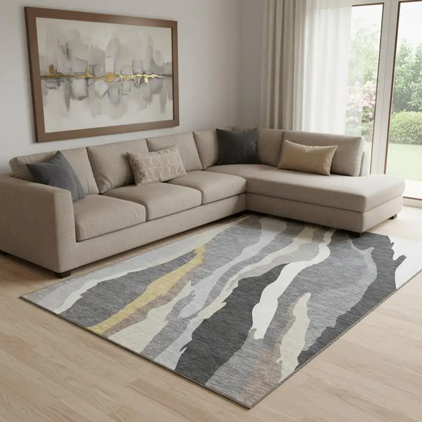 Gray Gold And Charcoal Abstract Washable Area Rug With UV Protection Photo 2