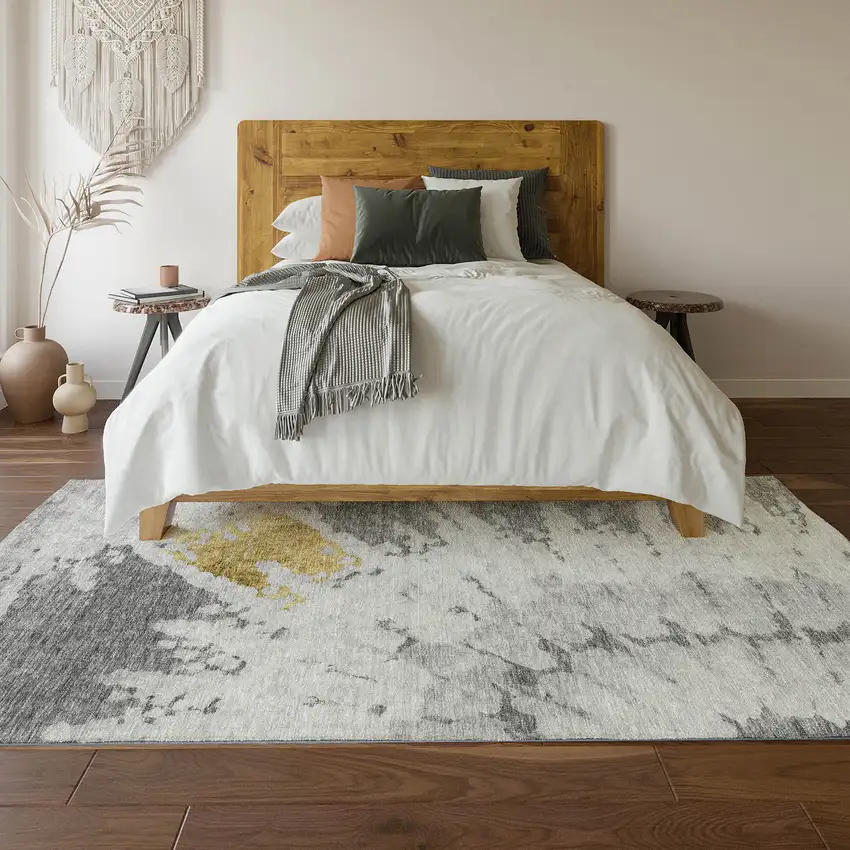 Gray Gold And Ivory Abstract Washable Area Rug With UV Protection Photo 4